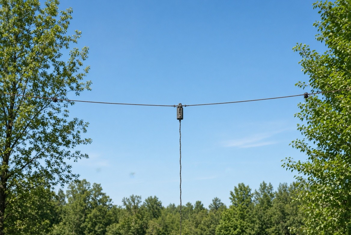 Homemade 40-meter dipole antenna hung in a tree for HF ham radio.