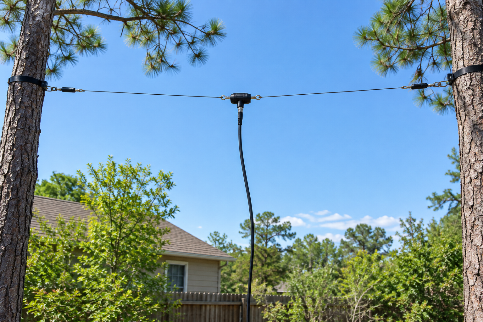 Backyard Antenna Between Pine Trees