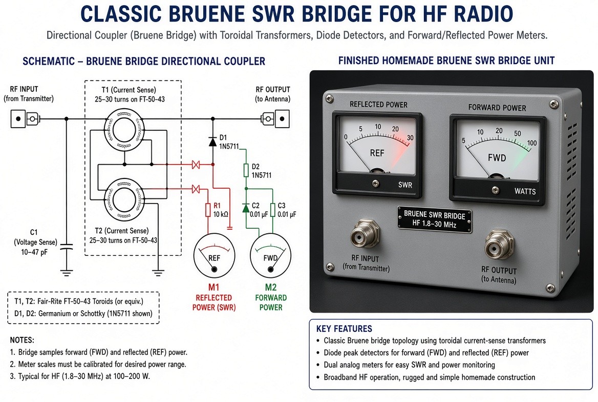 Bruene bridge DIY SWR meter circuit schematic for amateur radio.