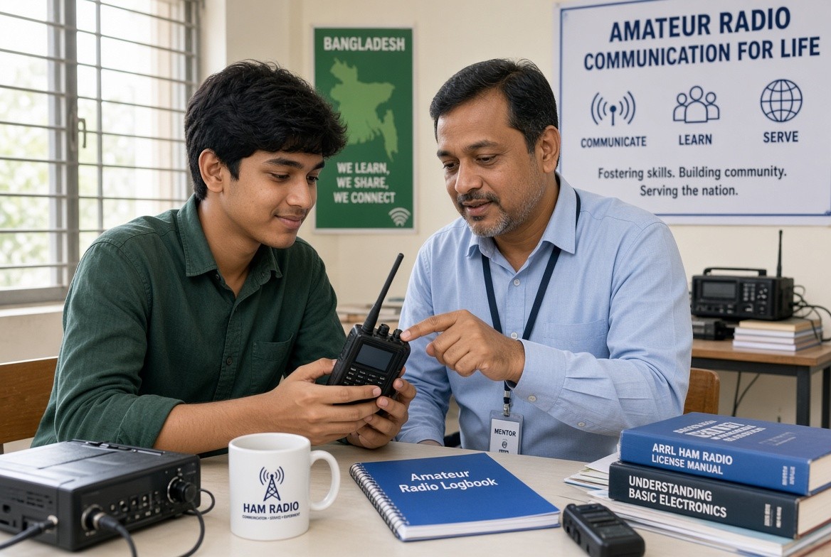 Young Bangladeshi students learning amateur radio operation