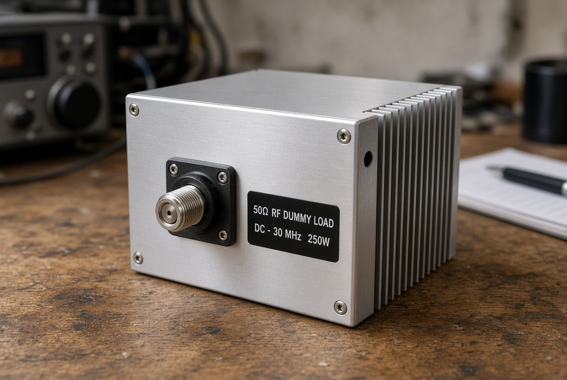 Homebrew dummy load for ham radio with heatsink and resistors.