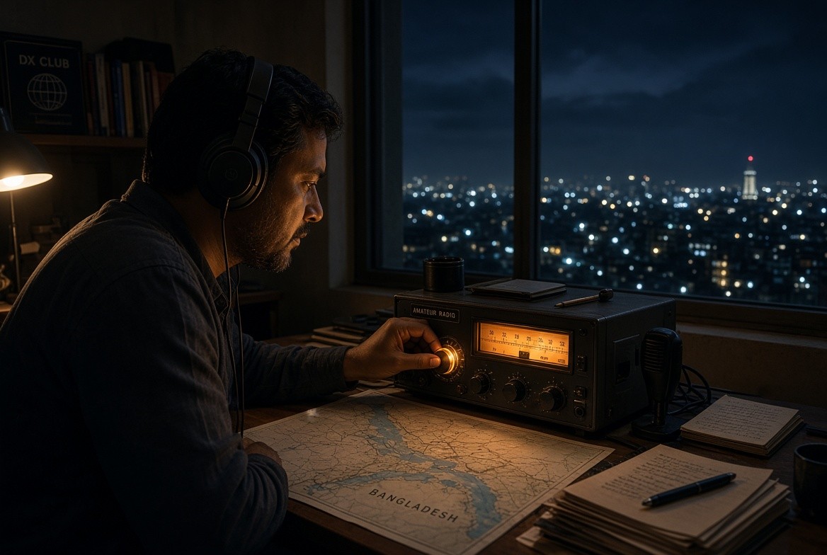 Amateur radio operator listening at night in Bangladesh.