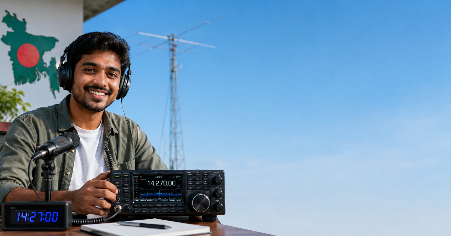 Smiling Bangladeshi ham radio operator at a desk with a transceiver and microphone, with a map of Bangladesh and an antenna in the background.